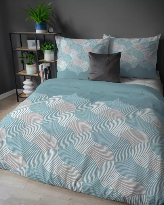 5631 A Pościel flanelowa Pastel Flowers Detexpol turkusowo-szare fale geometryczne– ciepła, miękka i elegancka