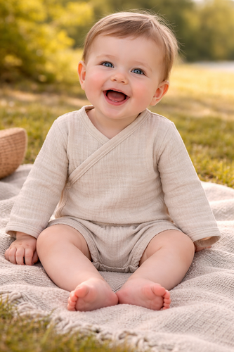 Body muślinowe Just Muslin 03235BE Makoma beige– długi rękaw, kopertowe zapięcie, 100% bawełna