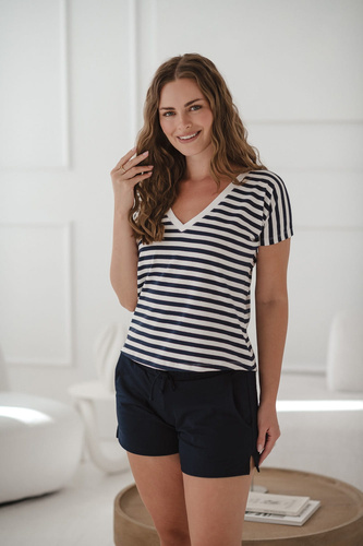 Two Ways Dwustronna bluzka ciążowa i do karmienia | Krótki rękaw, komfortowa Milk&Love granatowo-białe paski