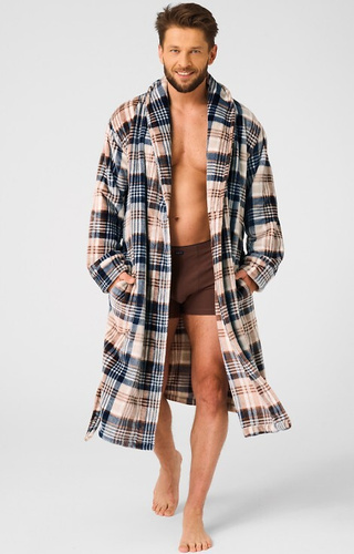 MGL 443 Szlafrok męski Key beżowy  – kratka, soft, szalowy kołnierz