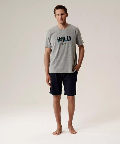 Piżama męska NMP-396 –szary granatowyi  bawełna, krótki rękaw, lekka i wygodna na lato