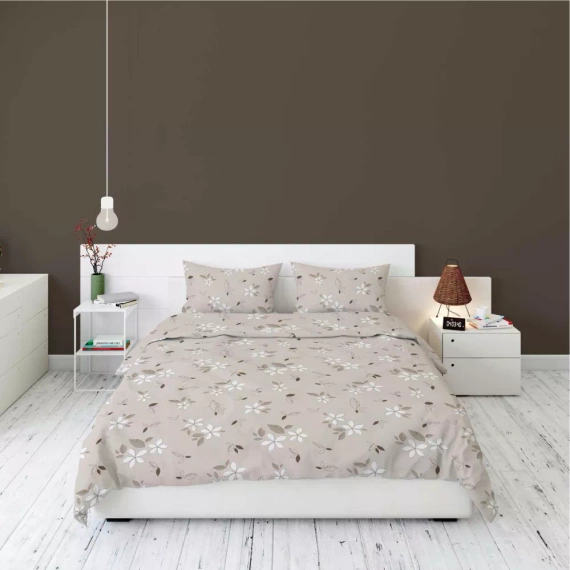 5632 A Pościel flanelowa Pastel Flowers Detexpol beżowa w białe kwiaty i liście– ciepła, miękka i elegancka