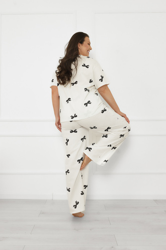 Piżama damska Figaro – ecru, bawełna, krótki rękaw + długie spodnie Italian Fashion