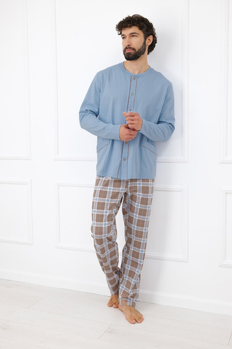 Italian Fashion Wilhelm Piżama Męska 100% Bawełna Guziki Krata - stalowy