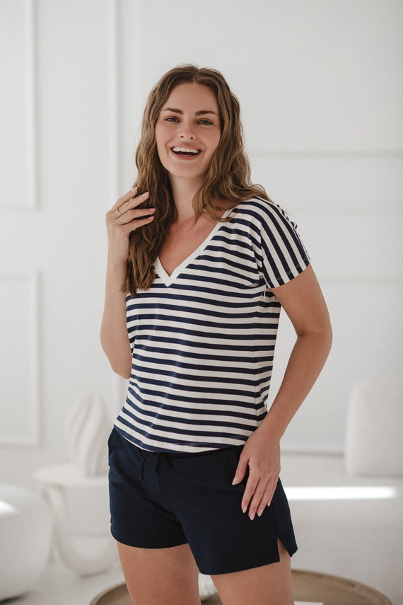 Two Ways Dwustronna bluzka ciążowa i do karmienia | Krótki rękaw, komfortowa Milk&Love granatowo-białe paski