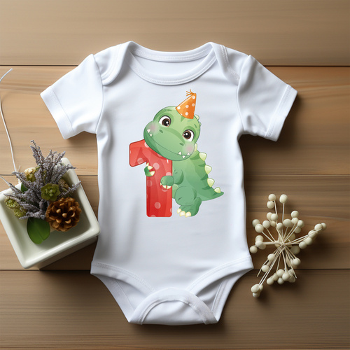 "ROCZEK dla chłopca, dinozaur jedynka" Body krótki rękaw Moocha biały