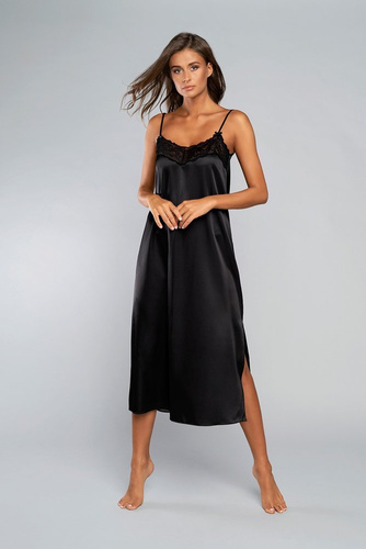 Dotyk koszula nocna wąskie ramiączko, długa Italia Fashion - czarna