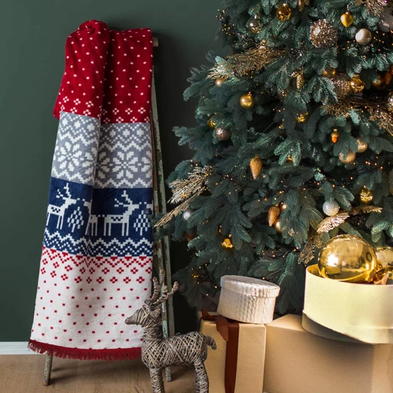 23136A Koc świąteczny renifery choinki Darymex niebieski