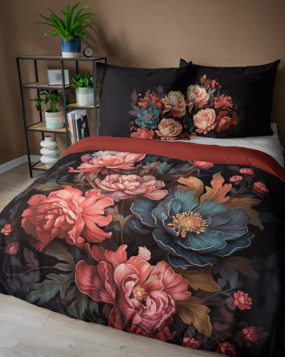 5116 A Pościel bawełniana Holland Detexpol czarna z motywem piwonii– 100% bawełna, dwustronna, polska produkcja