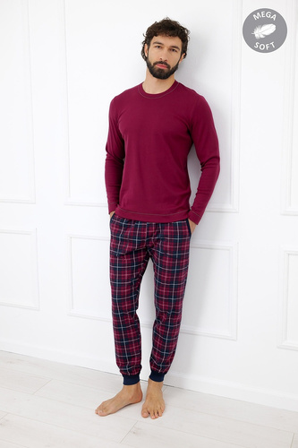 Italian Fashion Brajan Piżama męska Mega Soft długa spodnie w kratę-bordowy