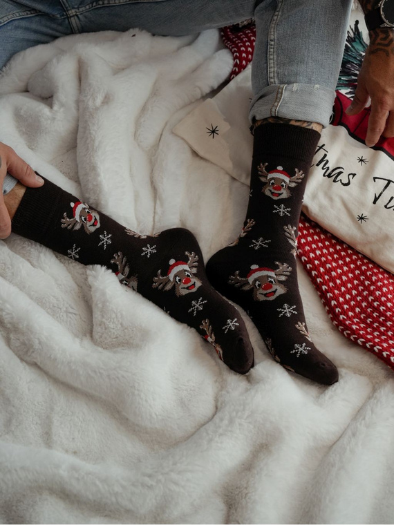 1290-033 Skarpety męskie świąteczne Milena – Uśmiechnięte Renifery, brązowy