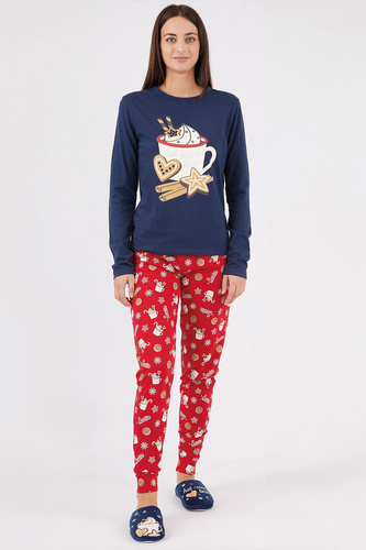 Natalie Sorbetto granatowa– długa piżama damska bawełniana świąteczna w śnieżynki
