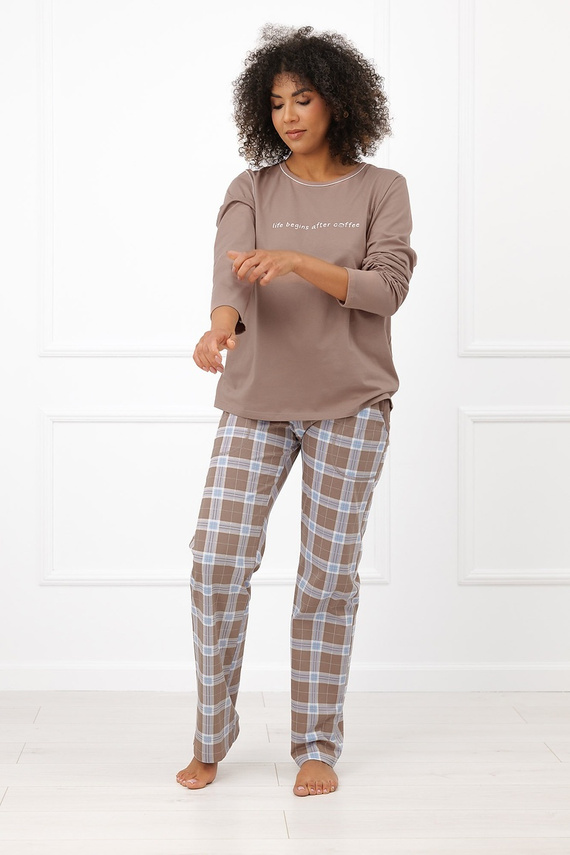 Piżama Damska Italian Fashion Delma 100% Bawełna Długa Spodnie Krata-cappuccino