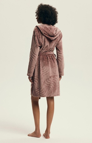43602 Devyn  Szlafrok damski z kapturem Henderson mahogany – krótki, ciepły, welurowy