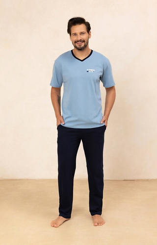 498 Piżama męska bawełniana Regina niebieski – koszulka V-neck + długie spodnie