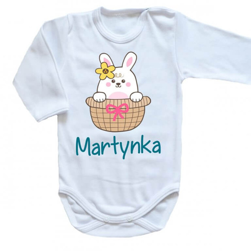 "Wielkanoc – Zajączek w koszyczku z imieniem" Body długi rękaw Moocha biały