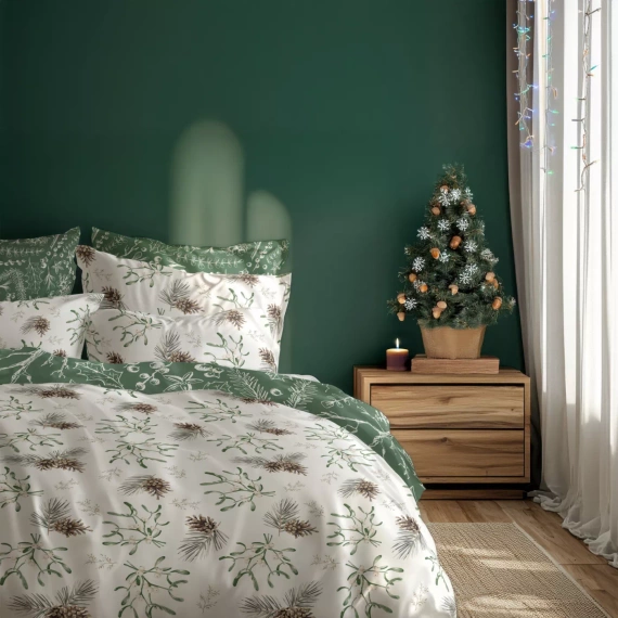 Scandic 083 Pościel świąteczna Scandic Faro biała i zielona z szyszkami- dwustronna bawełna 100%, zamek