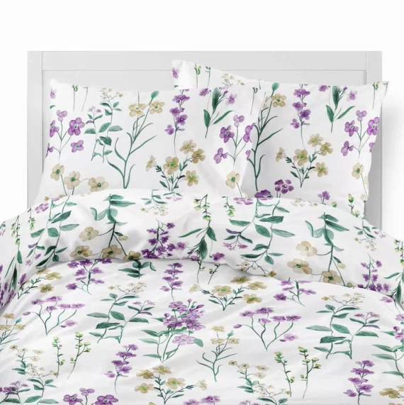 5634 B Pościel flanelowa Pastel Flowers Detexpol biała w polne kwiaty fioletowo-żółte– ciepła, miękka i elegancka