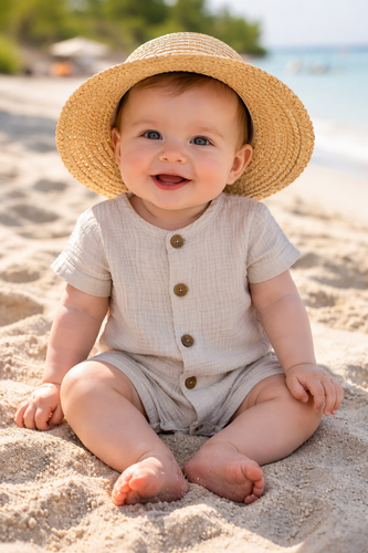 Rampers niemowlęcy Just Muslin 02235RBE Makoma beige– muślin 100% bawełna, krótki rękaw