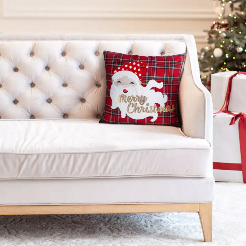 Chp 165 Poszewka świąteczna Eurofirany – czerwona kratka z Mikołajem i napisem