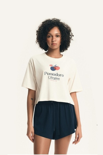 Piżama damska Henderson 43724 Dessie niebieska, bawełniana, krótki rękaw, print z pomidorem