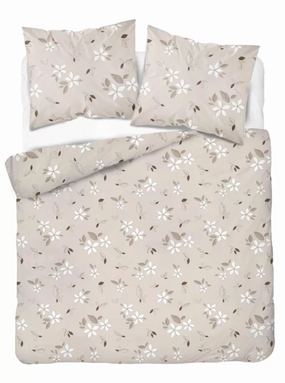 5632 A Pościel flanelowa Pastel Flowers Detexpol beżowa w białe kwiaty i liście– ciepła, miękka i elegancka