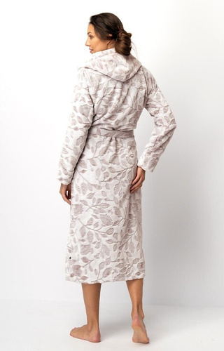 LGL 545 Szlafrok damski Key ecru-mocca – miękki, z kapturem, wiązany w pasie