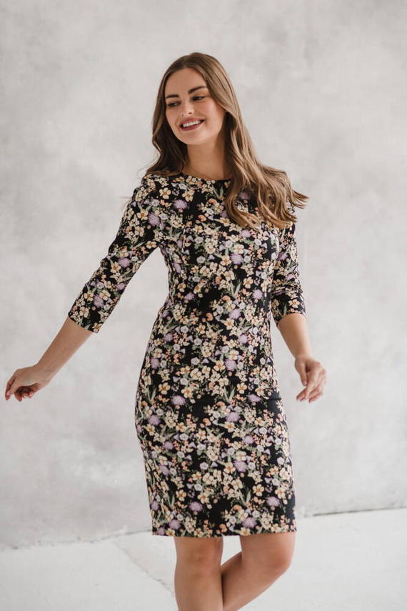 Milky Classic Sukienka do karmienia Milk&Love rękaw 3/4 czarna w kwiatuszki