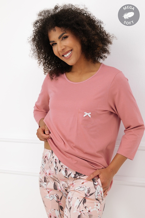 Italian Fashion Kafelia Piżama damska Mega Soft 3/4 kwiaty kieszonka