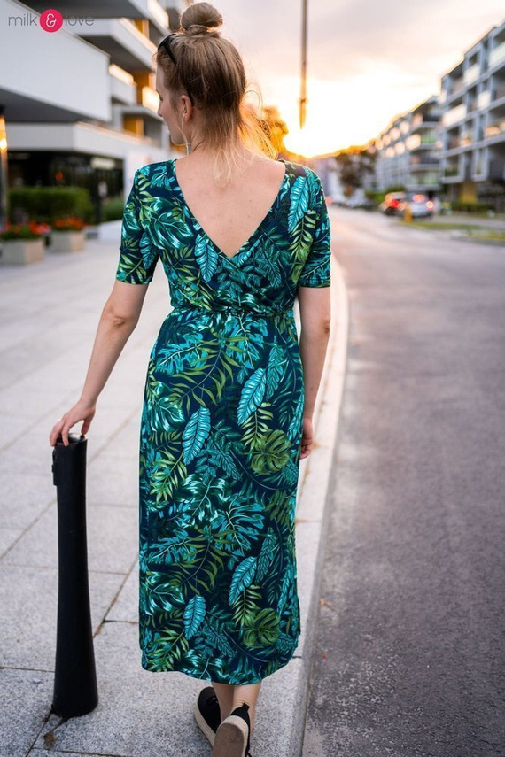 Sukienka ciążowa i do karmienia Two Ways LONG Milk&Love miętowa w magnolie i ptaki