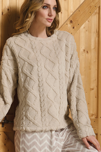 Sofie Piżama damska Sorbetto beżowa – ciepła sherpa, palazzo, elegancka i miękka