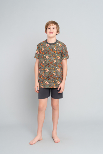 Western Piżama chłopięca krótki rękaw, spodnie Italian Fashion - oliwkowy/grafit