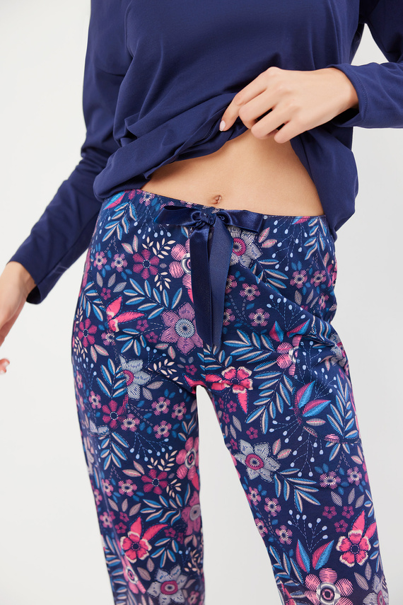 Folk Piżama Damska długi rękaw, długie spodnie Italian Fashion - granatowy/druk