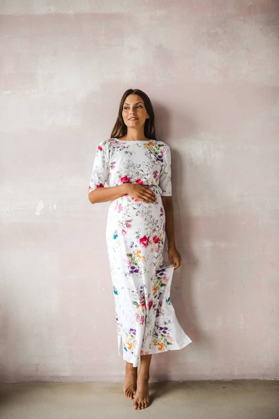 Sukienka ciążowa i do karmienia Two Ways LONG Milk&Love biała w kolorowe kwiaty