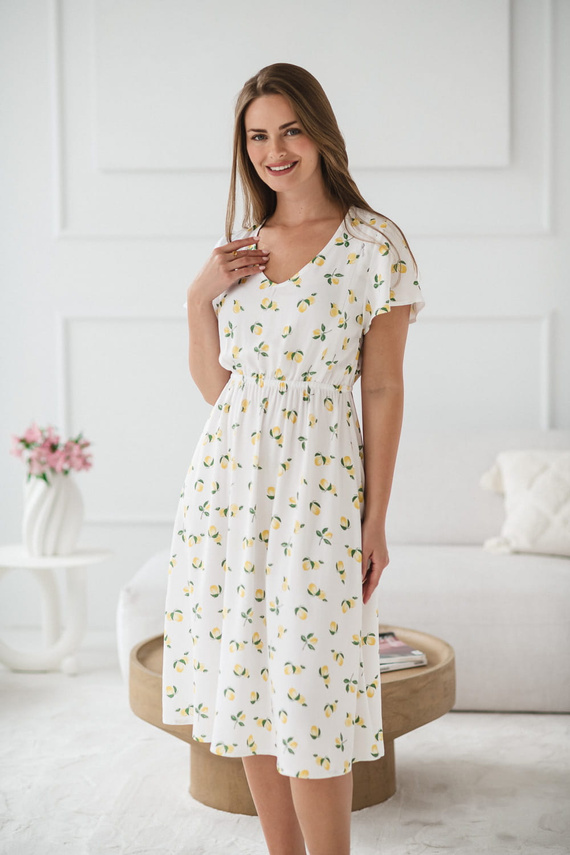 Lovely Dress Midi Sukienka ciążowa i do karmienia – biała w cytryny, krótki rękaw Milk&Love 