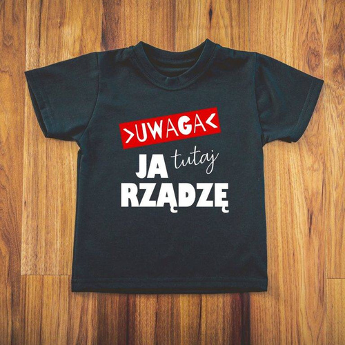  "Uwaga ja tutaj rządzę"  Koszulka dziecięca krótki rękaw Moocha biały 