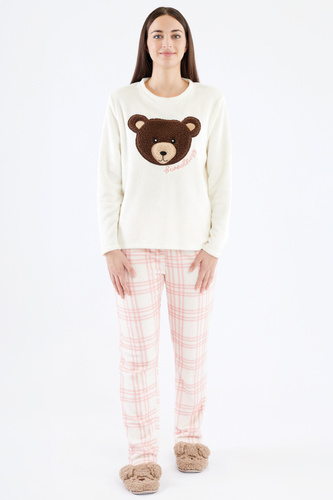 Madlen Piżama damska Sorbetto ecru – polarowa, z haftem misia i spodniami w kratkę