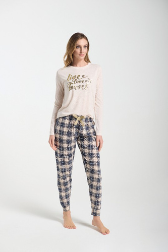 Bessy Piżama damska Sorbetto beżowa – jersey, złoty nadruk, spodnie w kratę