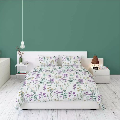 5634 B Pościel flanelowa Pastel Flowers Detexpol biała w polne kwiaty fioletowo-żółte– ciepła, miękka i elegancka