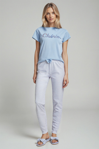 Juliana Sorbetto niebieska – piżama damska 100% bawełna, z haftem i długimi spodniami w paski