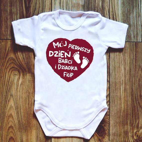 "Mój pierwszy dzień Babci i Dziadka + imię" Body krótki rękaw Moocha biały