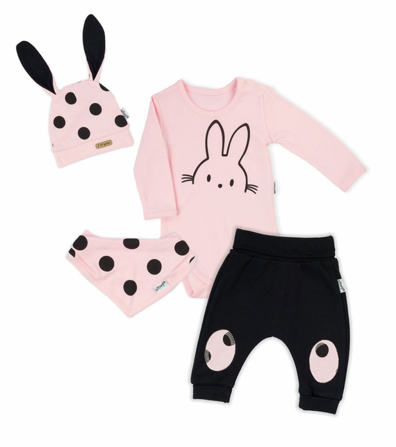 163381 Komplet czapka, apaszka, body i spodnie "Bunny Groszki" Nicol - róż