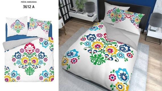 3612 A Pościel bawełniana Łowicka wycinanka kwiaty kurpiowska Detexpol biały/szary