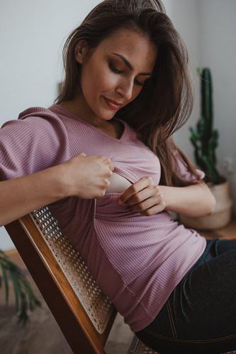 Bluzka ciążowa i do karmienia Milky Puff Milk&Love prążek bufka brudny róż