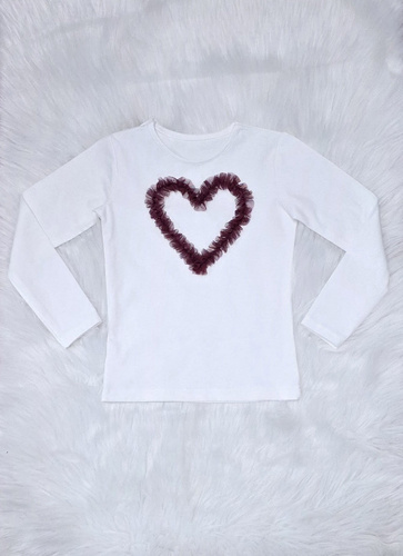 Bluzka dziewczęca Mia Bambarillo ecru bordowe serce– bawełniana z tiulowym sercem