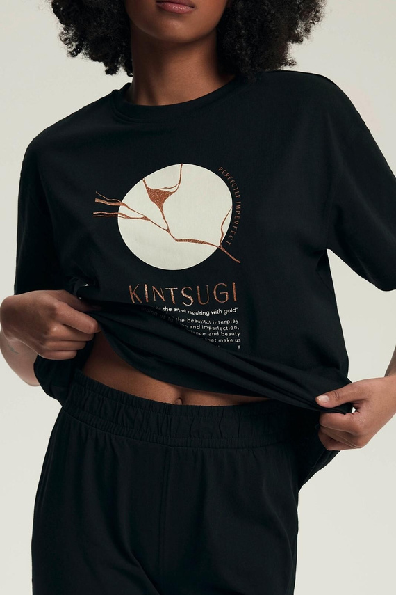 Piżama damska 43728 Dairoku czarna– bawełna, krótki rękaw, spodnie rybaczki