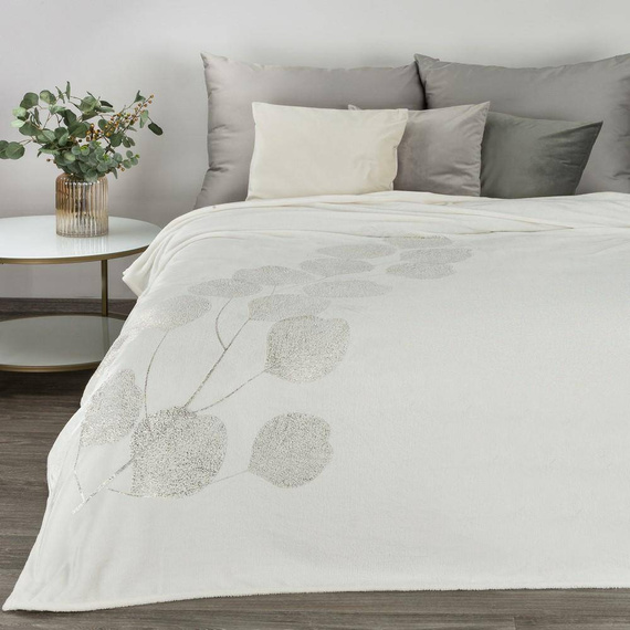 Ginko 2 Koc narzuta z mikrofibry z błyszczącym nadrukiem liści Eurofirany miodowy