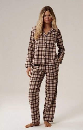 NLP-505 Piżama damska Atlantic brązowy –  flanelowa, rozpinana, w kratkę, bawełna