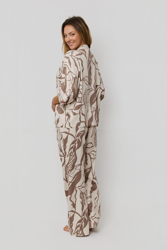 Piżama Damska Luna PX63 Mefemi by Nipplex mokka– 100% Wiskoza, Roślinny Print, Guziki, Długie Spodnie | Komfort Premium