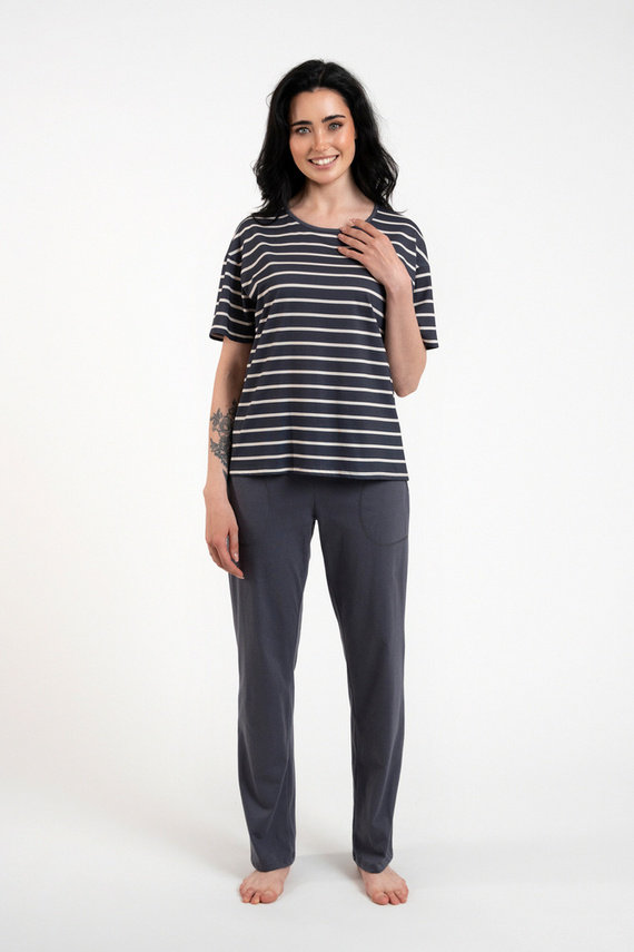 Betty Piżama Damska krótki rękaw, długie spodnie Italian Fashion - druk grafitowy/grafitowy